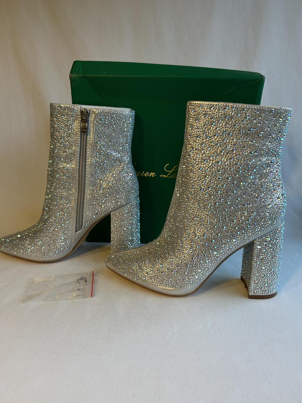 Lauren Lorraine Boots Womens Size 6 Silver JAM Rhinestone Ankle Block Heel